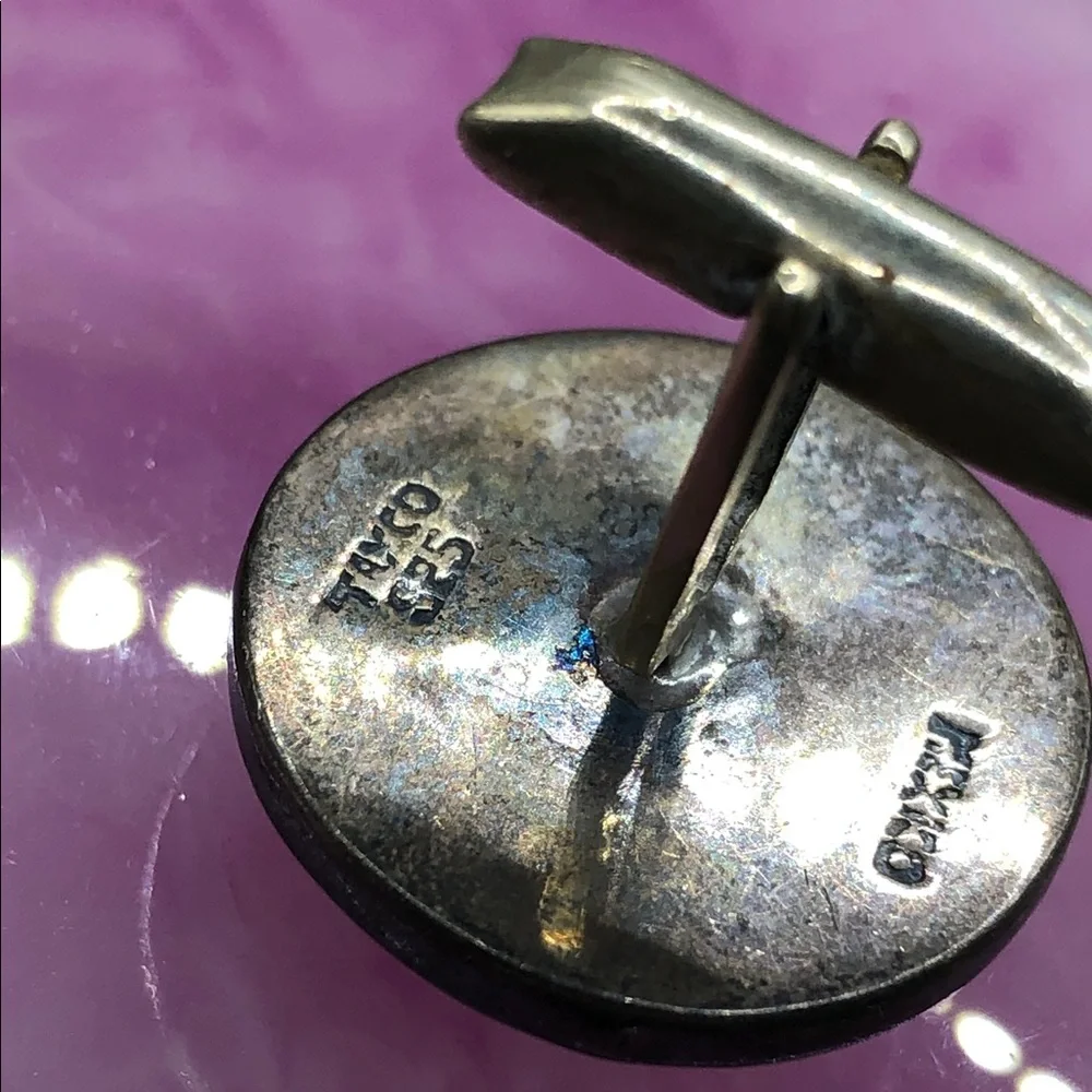 Vintage Mexico Taxco Sterling Silver 925 Round Stone Dome Cuff Links Cowboy
